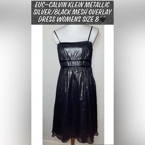 EUC-Calvin Klein Metallic Silver/Black Mesh Overlay Dress Womens Size 8🖤